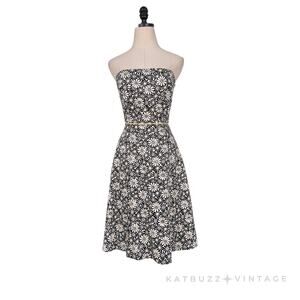 Strapless Daisy Midi Dress 8 Black Yellow Y2K Bead Sequin Flare Brunch Shower